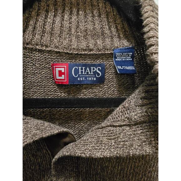 Chaps brown knit quarter button 100% cotton sweater XXL with elbow patches - Picture 3 of 11